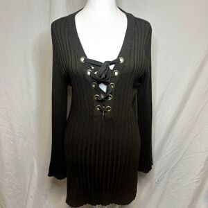 Ultra Flirt Ribbed Bell Sleeve Green Lace V Neck Sweater Womens Fall